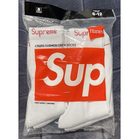 Supreme x Hanes Socks 4 Pack White Mens Size 6-12 Crew Socks Brand New Sealed - Picture 1 of 3